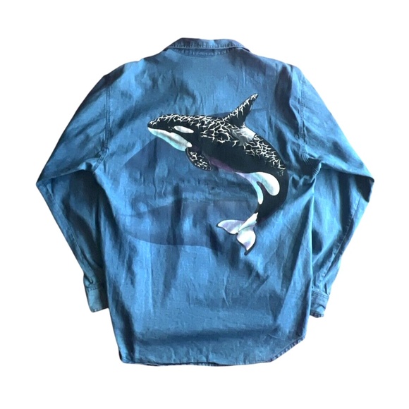 Vintage Harlequin Nature Graphics Painted Killer Whale Denim Button Up Shirt S - Picture 1 of 7